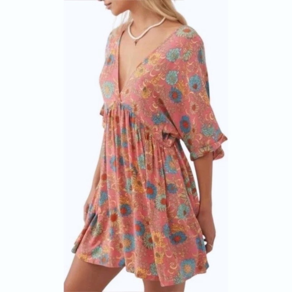 O'Neill Belize Mini Dress Pink Floral V-Neck Tie Back Tassel Boho Womens SML NEW